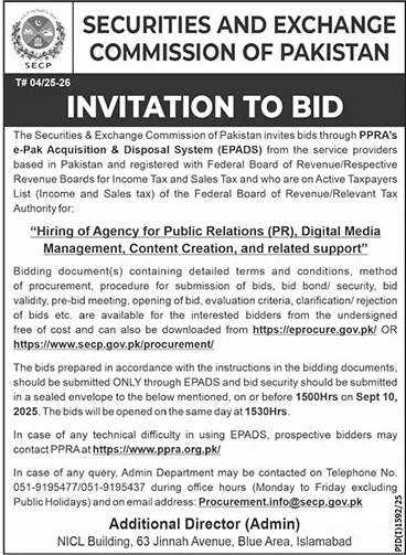 Securities & Exchange Commission of Pakistan Islamabad Tender Notice